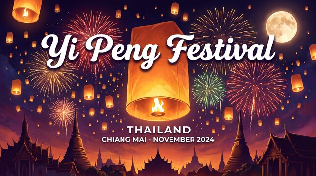 Floating lantern, Loy Krathong and Yi Peng Festival in Chiang Mai, thailand, banner on firework righting and night background, Eps 10 vector illustration