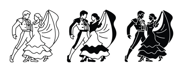 Fototapeta premium Flamenco Dancers Vector Set, Couple Dancing Art, Spanish Culture Icons, Black and White Graphics