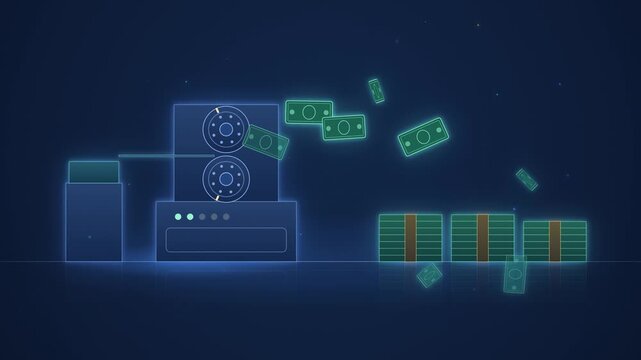 Money printing press speeding up with growing stacks of cash animation