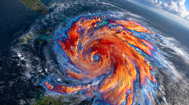 Thermal satellite image of a massive hurricane over the open ocean viewed from an extremely high altitude, enormous spiral cloud bands surrounding a clearly defined eye, infrared temperature gradien