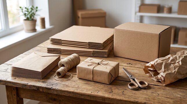 A rustic wooden table organized with cardboard shipping boxes wrapping paper twine and scissors for small business packaging and sustainable gift preparation