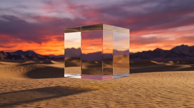 A clear  geometric cube is positioned on textured sand amidst rolling dunes  framed by dramatic orange and purple clouds above silhouetted mountain ranges at dusk