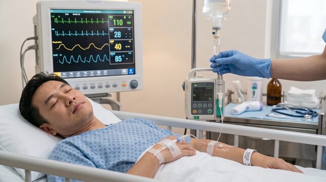 Asian Male Patient Lying Bedridden in Hospital Ward with Vital Signs Monitor and Nurse Adjusting IV Drip