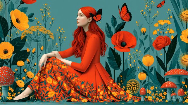 Illustration of woman with red hair sitting among poppies and butterflies