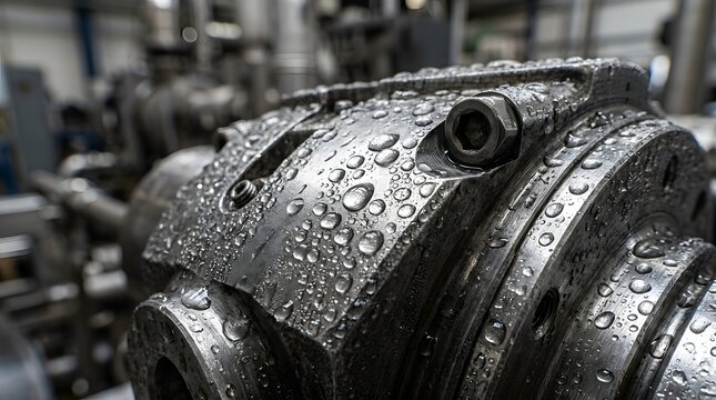 A detailed view of a heavy duty metal part covered in water droplets  situated within an industrial facility surrounded by out of focus mechanical equipment