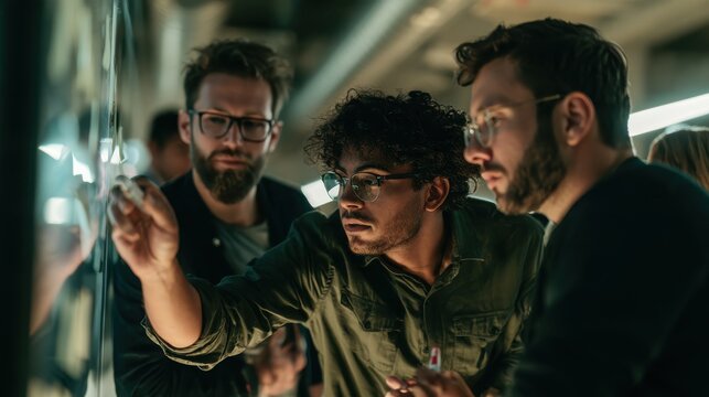 Stock photo of a young multi-ethnic software engineering team solving problems together on a whiteboard in a tech hub.