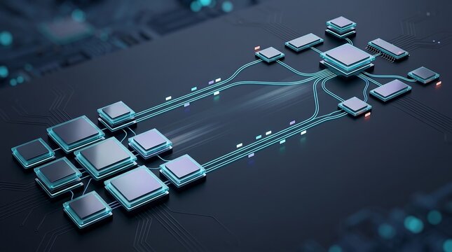 Abstract digital visualization of semiconductor microchip architecture showing interconnected processors and data pathways on dark circuit board background for high performance computing concept