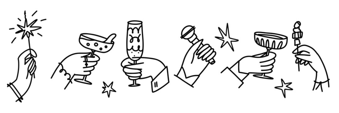 Horizontal hand drawn New Year party doodle border with champagne glasses, sparklers, party hats, festive hands and celebration symbols for holiday cards, banners, invitations and event design.