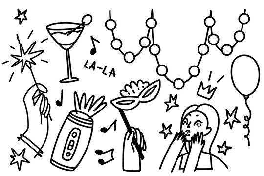 Hand drawn New Year party doodle composition with champagne glass, festive garland, balloons, sparklers, party accessories and celebrating people for invitations, cards and event design.
