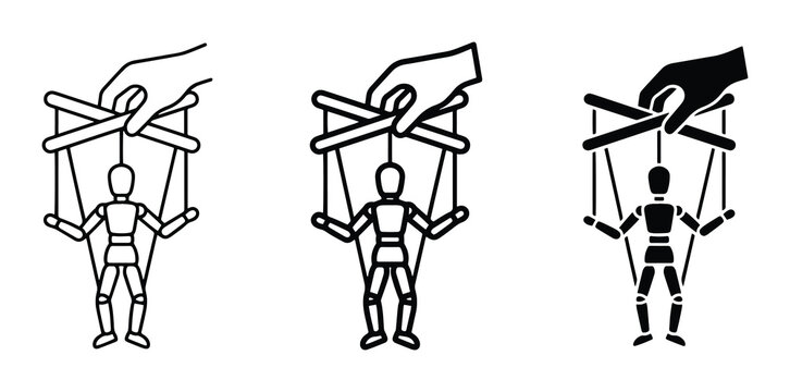Puppet Control Icons, Hand Manipulating Marionette, Control Concept Vector Set