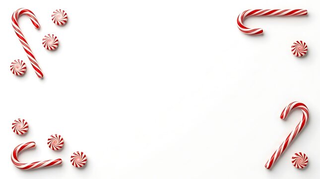 Festive christmas border with candy canes and pink peppermint candies on white.