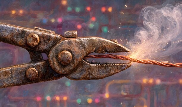 Rusty pliers cutting a glowing copper wire with sparks and smoke