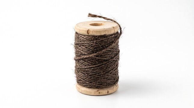 A rustic wooden spool wrapped with thick natural jute twine string isolated on a clean white background for crafting and DIY projects