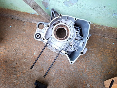 Single aluminum motorcycle engine crankcase housing component top down view.