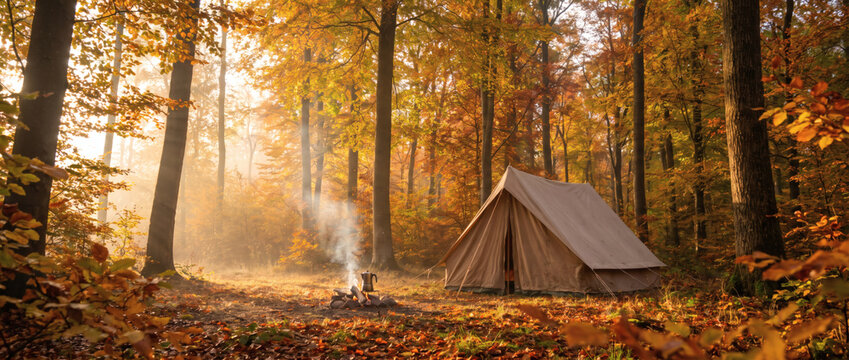 A tranquil autumn forest campsite with a canvas tent and smoldering campfire, bathed in warm golden sunlight filtering through fall foliage.