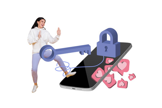 Composite trend artwork sketch collage of huge smartphone display key lock password spy cybersecurity like heart banner young lady posing