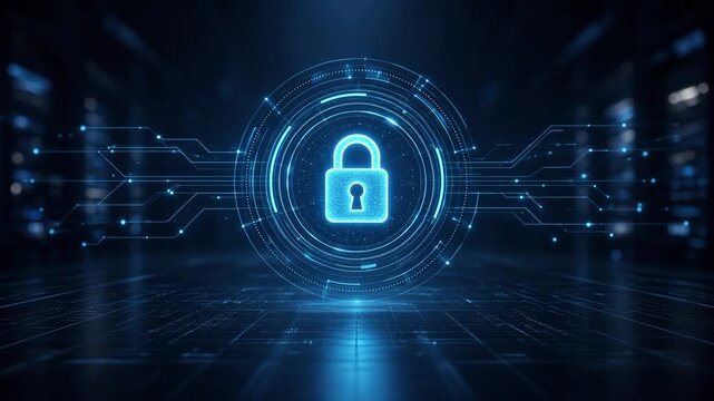 Glowing digital padlock on virtual circuit board representing network cybersecurity and data protection concept in server room background