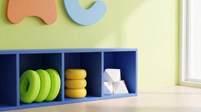 Organized playroom storage with colorful soft shapes