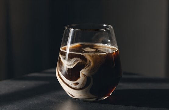Cold brew coffee with cream swirling in a glass on a dark background