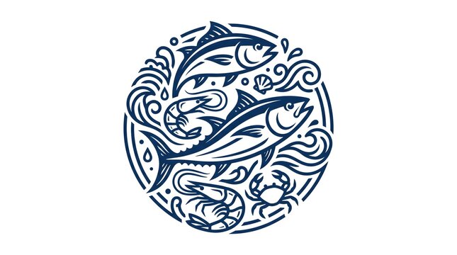 Circular linocut style vector illustration featuring tuna fish, shrimps, crab, and sea waves, isolated on a white background
