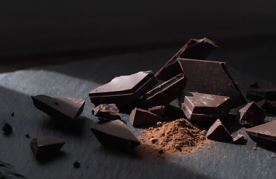 Broken dark chocolate pieces with cocoa powder on slate