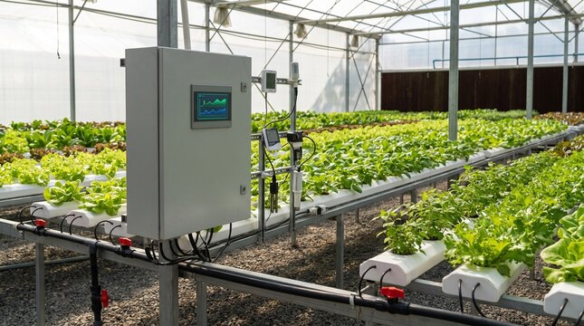 Smart hydroponic greenhouse control panel with sensors monitoring lettuce plant rows representing automated precision agriculture technology concept