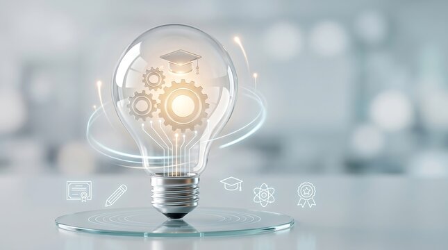 Glowing lightbulb containing rotating gears and graduation cap symbol representing innovation in education and academic development strategies for modern learning institutions and scholars