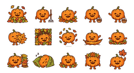Obraz premium Creative Set of 15 Adorable Cartoon Pumpkin Characters Engaged in Seasonal Autumn Activities with Bright Orange Green and Brown Colors