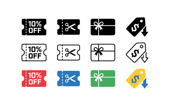 Discount coupon and price tag icon set. Includes symbols for ten percent off, scissors, gift card, and dollar tag. Vector icons for retail sales, shopping, and e-commerce.