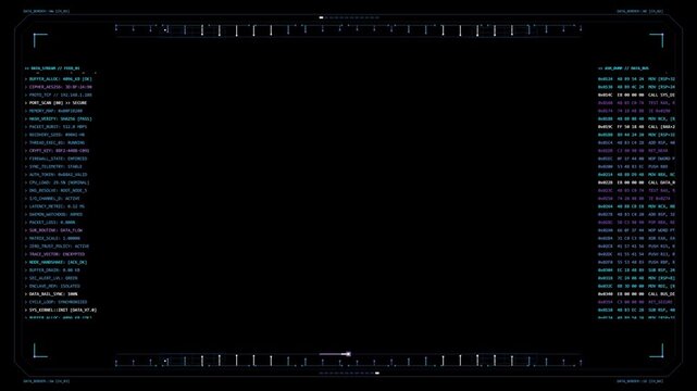 Futuristic Data Stream and Assembly Code HUD Overlay