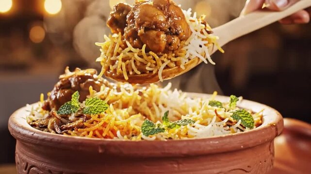 Wooden Spoon Scooping Hot Delicious Chicken Biryani Rice with Tender Meat from Traditional Clay Handi Pot