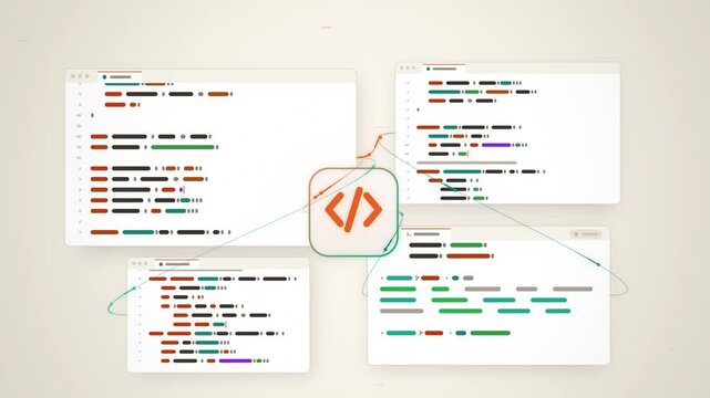 Orange and teal floating code windows with data flowing seamless loop