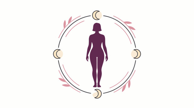 Women hormonal balance flat vector illustration with cycle phases orbit around female silhouette
