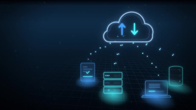 Blue cloud storage syncing data with devices seamless loop