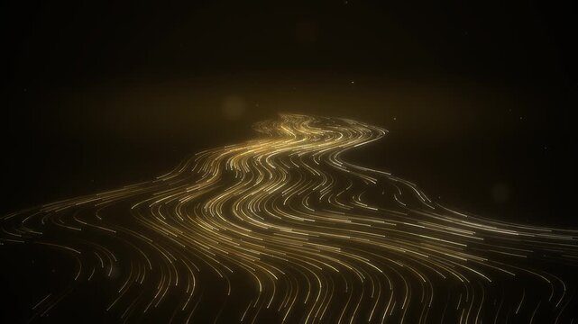 Gold particle light trails flowing toward camera abstract background