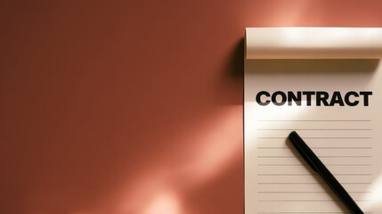 Fototapeta premium Contract document with a black pen on a solid pink background with copy space