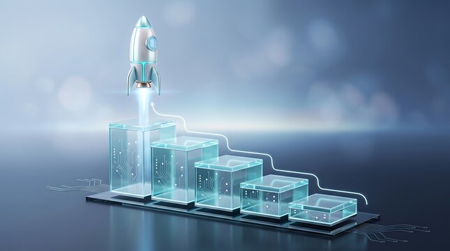 Rocket ship taking off from tiered glass platforms with integrated digital circuit board patterns representing business development phases and technological project lifecycle success