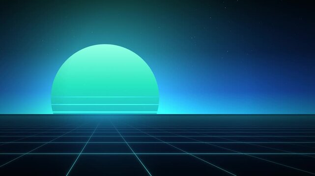 Blue and teal synthwave sunset over glowing neon grid background