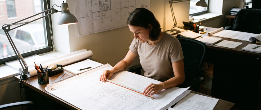 A female architect works on detailed architectural blueprints at a cluttered office desk, using a ruler for precise drafting.