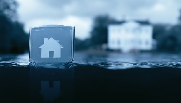 Glass shield with white house icon standing on water with blurred background