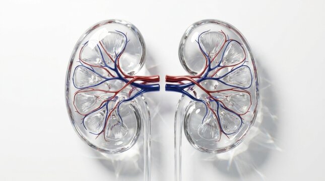 Transparent human kidney anatomical model showing internal blood vessels, renal arteries, and veins on a clean white background for medical education and healthcare concepts, concept of organ health a