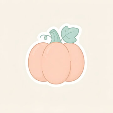 Cute pastel orange pumpkin sticker with green leaf and stem isolated on soft beige background for autumn and fall harvest themes