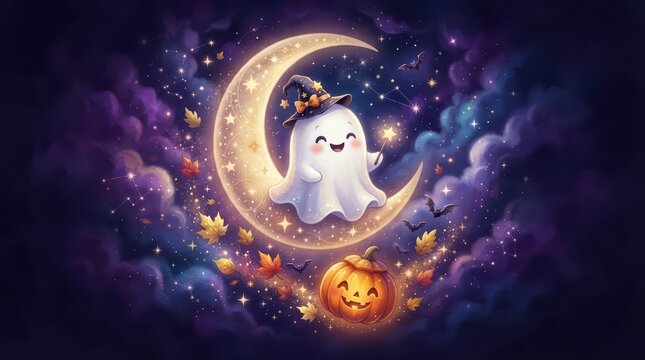 Cute ghost sitting on a crescent moon with pumpkin for tshrit pilo others merchandise designs featuring a magical starry night sky fantasy illustration art
