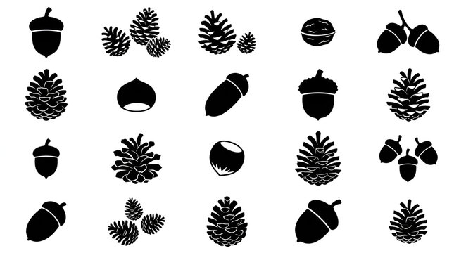 Acorn and Pinecone Silhouettes Grid Collection on White Background