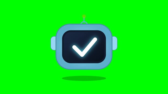 Checkmark icon on a blue robot head against a vibrant green background, symbolizing success and completion