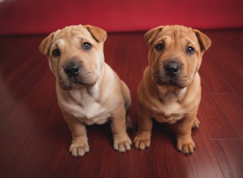 Two adorable Shar Pei puppies sitting together on a dark wooden floor, looking curiously at the camera with their characteristic wrinkled skin, concept of companionship and innocence