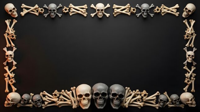 A dark gothic frame featuring human skulls and bones suitable for tshrit pilo others print designs on a black background with copy space area