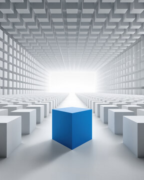 One unique blue cube standing out from the crowd of white cubes in 3D abstract space