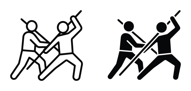 Martial Arts Combat, Two Figures Fighting with Sticks, Stick Fighting Icons, Combat Sport Vector