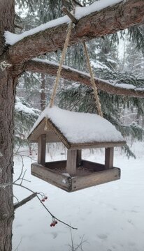 Wooden bird feeder hanging from a pine tree branch covered in fresh white snow in a winter forest park setting, concept of care for wildlife during winter